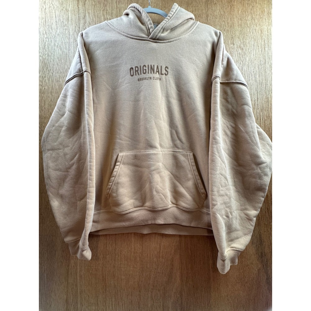 Brooklyn Cloth Hoodie Mens Large Tan Excellent Originals Embroidered Pullover